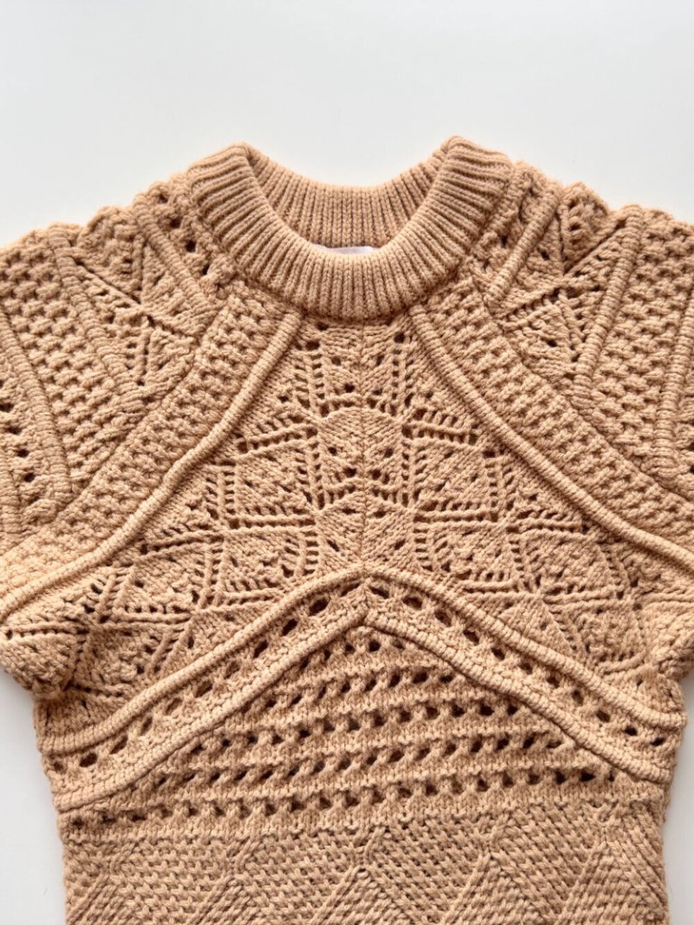 ZARA Tan Acrylic Wool Crochet Pointelle Knit Puff Sleeve Sweater, Size M - Picture 8 of 14
